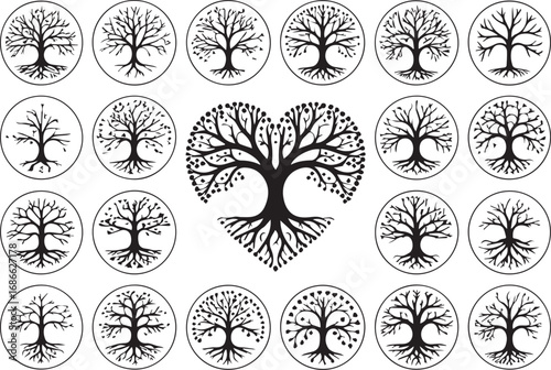 vector heart tree forest pattern with bare branches and roots nature love ecology symbolism illustration background