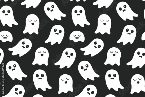 seamless ghost pattern in cartoon style with cute expressions on black backdrop vector art for seasonal projects