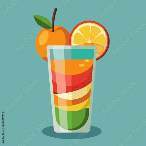 Layered fruit juice cocktail with orange garnish