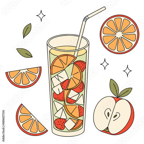Refreshing fruit infused drink with oranges strawberries and ice