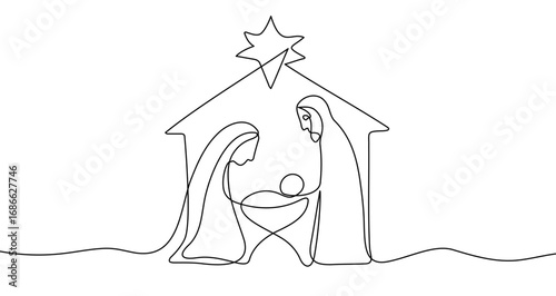 Nativity scene in one line art style. Drawing of the birth of Jesus with editable black stroke on a white background. Vector illustration.