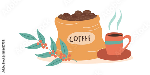 The coffee concept. Cocoa beans in a bag, a cup of fragrant coffee and a green twig with coffee beans. Vector flat clipart.