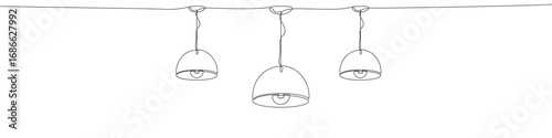 Three hanging lamps in one line art style. Drawing of lamps with editable black stroke on white background. Vector illustration.