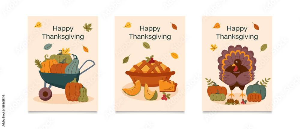 Fototapeta premium Thanksgiving cards set. Thanksgiving posters. Concept of autumn and harvest. Vector flat templates.