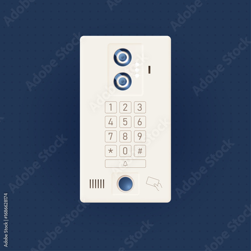 Entrance doorbell with a video surveillance camera fingerprint and password scanner isolated on dark background. Vector 3d illustration.