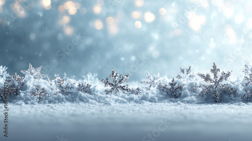 Close up of sparkling snowflakes resting on soft white snow with bokeh lights in a dreamy winter background, symbolizing Christmas, cold season, festive mood and holiday celebration design