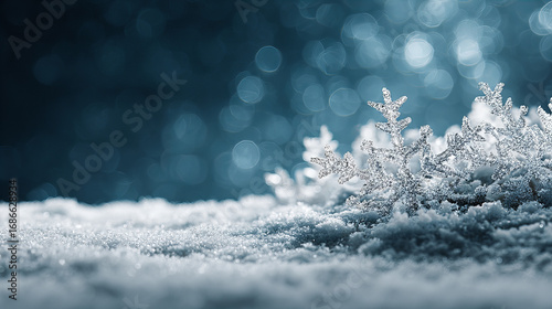 Close up of sparkling snowflakes resting on soft white snow with bokeh lights in a dreamy winter background, symbolizing Christmas, cold season, festive mood and holiday celebration design