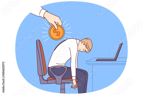 Financial motivation for tired office worker who fell asleep at workplace with computer. Financial motivation for business man experiencing energy deficit and lack desire to complete managerial tasks