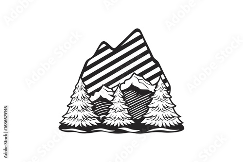 Mountain Peaks and Evergreen Trees Silhouette Landscape with White Background