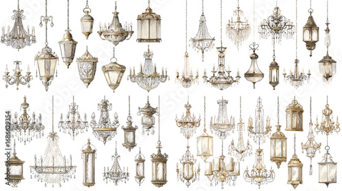 Elegant vintage chandelier and lantern collection with baroque and rococo style details. Perfect for luxury design, invitations, interiors, and decorative artwork.