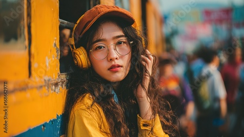 Chinese commuter adjusting headphones while leaning against train door window city skyline blurred in background urban lifestyle concept
