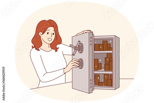 Woman accumulates capital by putting gold coins in safe to become rich and independent. Girl uses capital accumulation to avoid financial turmoil and inflationary losses caused by crisis