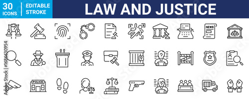Law and Justice web line icons. Containing law, constitution, auction, balance, gavel, testimony, law book. Vector illustration.