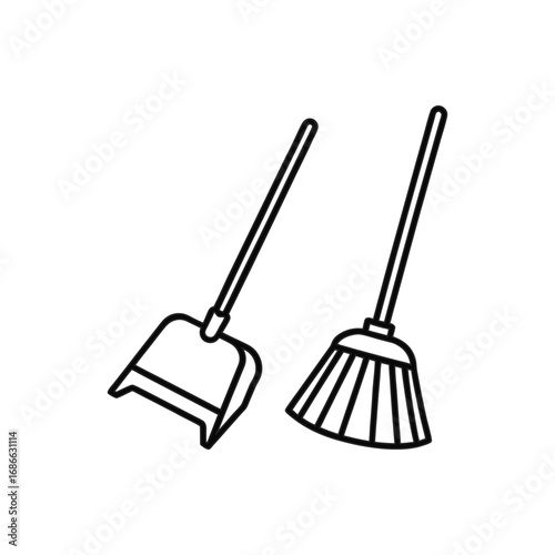 A black and white illustration features a dustpan and broom. Editable stroke. Icon vector illustration