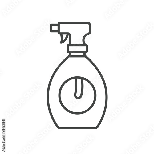 A black and white line drawing of a spray bottle with a teardropshaped container The container features a rounded center circle with a curved line inside. Editable stroke. Icon vector illustration