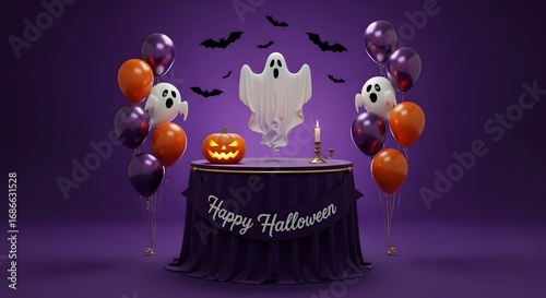 Happy Halloween Party Decoration with Ghosts, Pumpkin, Balloons and Candle on Purple Background