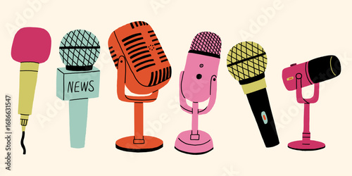 Retro Mic Podcast Music Set. Doodle Radio  Karaoke Microphone Collection. Vector Illustration