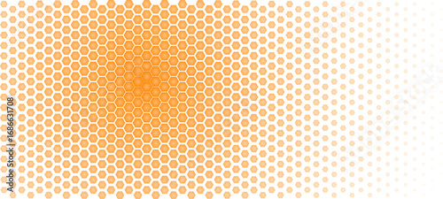Orange honeycomb hexagon pattern with radial gradient for honey, bees, organic food, summer nature, or modern technology, AI, blockchain, digital innovation and corporate design. Vector illustration