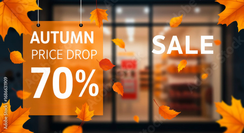 Autumn Price Drop 70% SALE graphic with fall leaves. Seasonal retail promotions and shopping discounts.