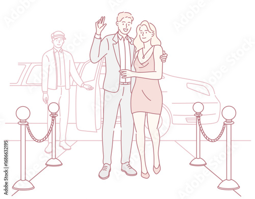 A chic and stylish couple elegantly poses for photos upon their glamorous arrival at a lavish event