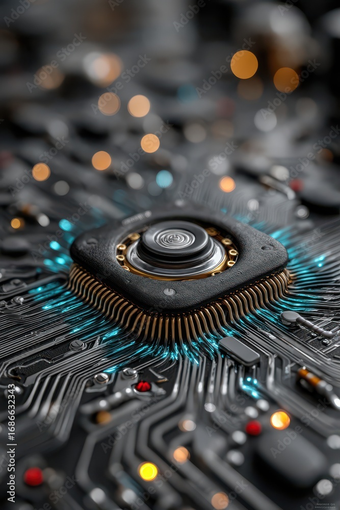 Fototapeta premium Futuristic microchip on a digital circuit board with glowing connections