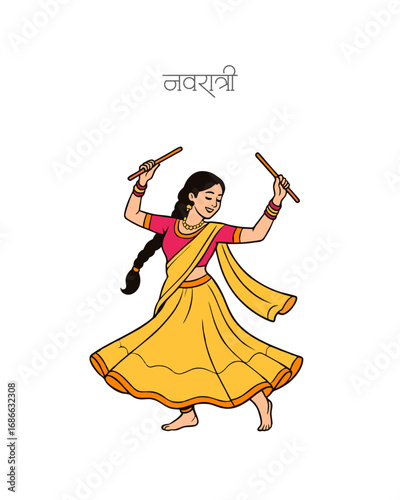 Traditional Navratri Garba Girl Illustration Character Vector with Navratri written in Hindi Calligraphy font