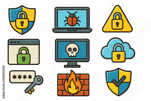 Cybersecurity icon set. Vector cartoon collection of internet safety symbols. Digital protection, data privacy, secure connection, firewall, password access, and antivirus concepts.