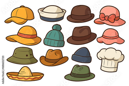 Vector cartoon illustration set of various hats and caps. Headwear collection with fedora, beanie, cowboy hat, sunhat, chef hat, sombrero. Isolated fashion accessory icons.