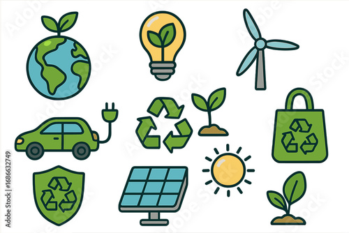 Eco-friendly icon collection. Vector set of sustainability and green energy symbols. Concepts for environment, recycling, conservation, solar power, wind turbine, electric car.