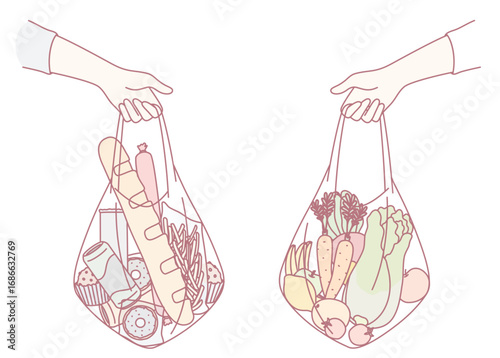 This is a visual comparison depicting grocery bags filled with processed foods alongside fresh produce