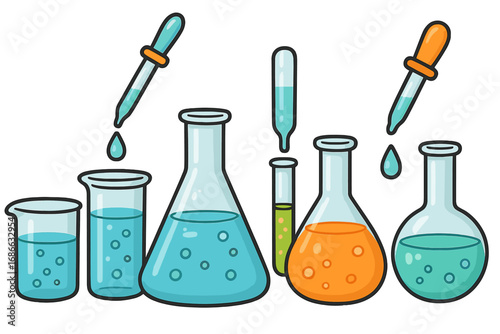 Set of laboratory glassware for scientific experiments. Chemical lab equipment with beakers, flasks, and test tubes. Vector cartoon illustration for chemistry or biology research.