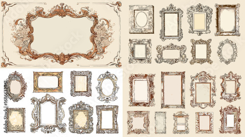 Set of vintage ornate frames and borders in baroque and rococo style. Elegant antique illustration perfect for invitations, labels, and decorative design projects.