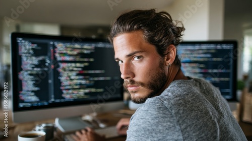 Web developer focused on coding while using dual monitors in a modern workspace during daytime