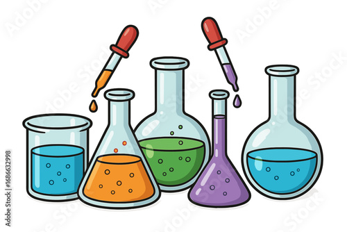 Science lab chemistry glassware collection for scientific experiment and research. Vector icon set of lab equipment with flask, beaker, pipette and colorful chemical liquids.