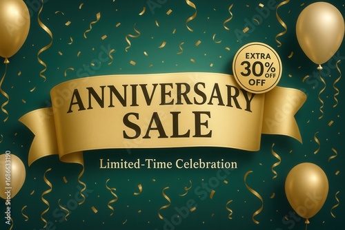 Anniversary SALE with EXTRA 30% OFF limited-time offer, festive gold style, eye-catching retail celebration promo.