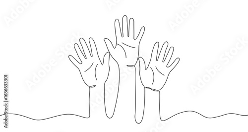 Three raised hands in one line art style. Drawing of hands with editable black stroke on white background. Vector illustration.