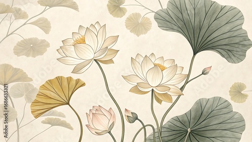 Ai generated image of modern lotus and ginkgo botanical illustration on parchment textured background
