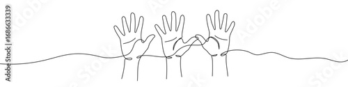 Three raised hands in one line art style. Drawing of hands with editable black stroke on white background. Vector illustration.
