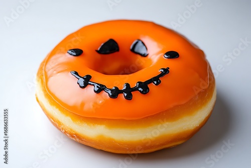 A sweet treat with orange frosting featuring eerie Halloween inspired designs