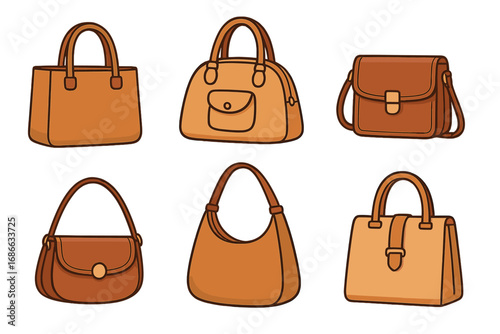 Set of fashion handbags. Woman bags collection. Stylish leather purse, tote, satchel, hobo, crossbody. Female accessories. Vector cartoon illustration isolated on white.
