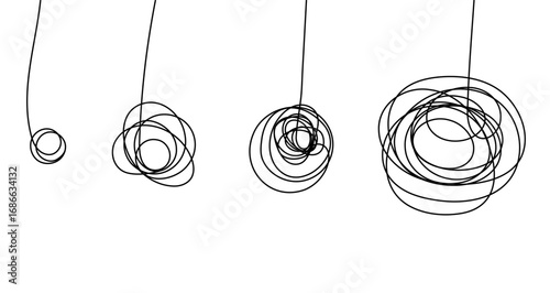 Growing doodles in one line art style. Drawing of tangled lines increasing in complexity with editable black stroke on white background. Vector illustration