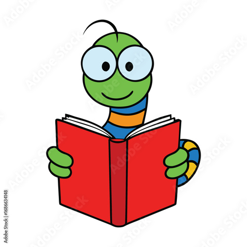 A cute bookworm enjoys reading a bright red book, symbolizing curiosity, knowledge, and the love for stories. Perfect for book lovers and reading-themed designs.
