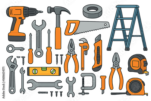 Hand tools collection. DIY home improvement set. Construction and repair equipment icons. Workshop, maintenance, and renovation concept. Carpentry, building, and engineering.