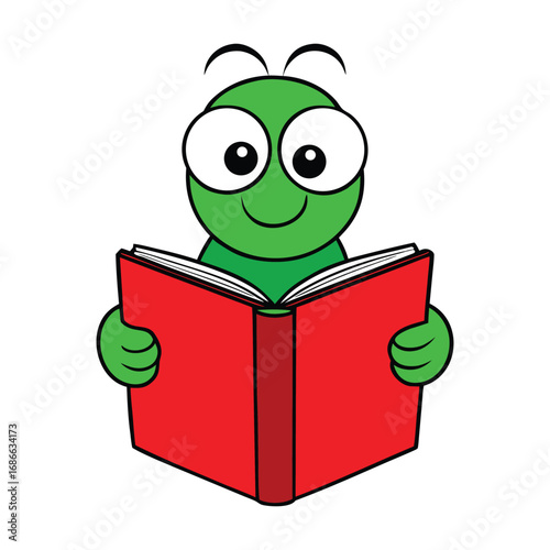A cute bookworm enjoys reading a bright red book, symbolizing curiosity, knowledge, and the love for stories. Perfect for book lovers and reading-themed designs.
