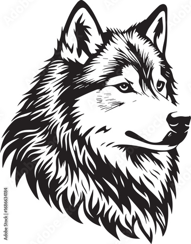 Arctic Majesty: A stark black and white illustration portrays the fierce yet noble profile of a wolf. showcasing the textures of its fur and the intensity of its gaze.