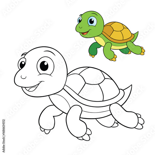 A playful cartoon turtle dashes with joy in this cute coloring page, perfect for kids to add bright colors and bring this cheerful, speedy little turtle to life.

