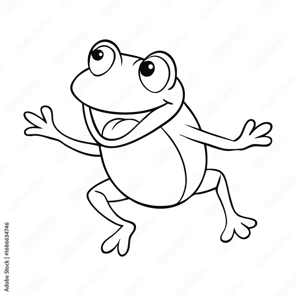 Fototapeta premium A cheerful cartoon frog leaps with joy, wide smile on its face, tongue stretched out to catch a buzzing fly, showing playful energy and fun in a lively scene. 