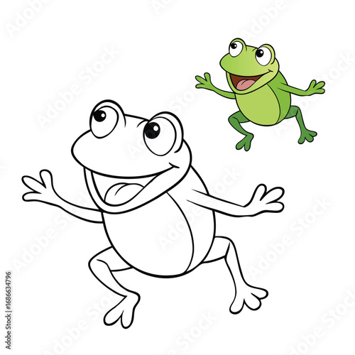 A cheerful cartoon frog leaps with joy, wide smile on its face, tongue stretched out to catch a buzzing fly, showing playful energy and fun in a lively scene.
