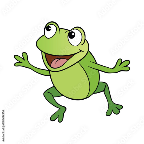 A cheerful cartoon frog leaps with joy, wide smile on its face, tongue stretched out to catch a buzzing fly, showing playful energy and fun in a lively scene.
