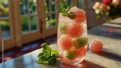 Honey Deuce cocktail in tall chilled glass garnished with fresh melon balls and mint leaves sunlight streaming through window summer cocktail photography